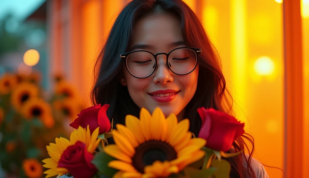 Beautiful with glasses, long black hair, bouquet of sunflower and red roses, bright colors, smiling, 8k quality, cinematic focus, closed eyes