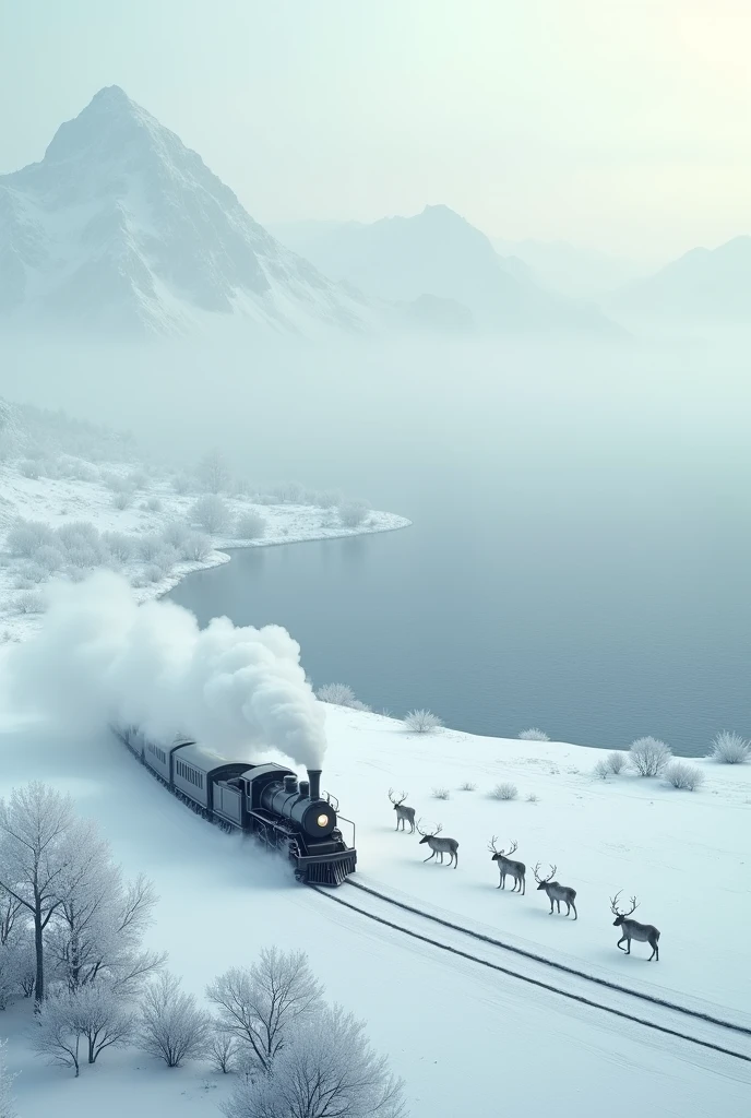 train in snowy plain and huge lake fog.and a lot of reindeers and dont without mountains