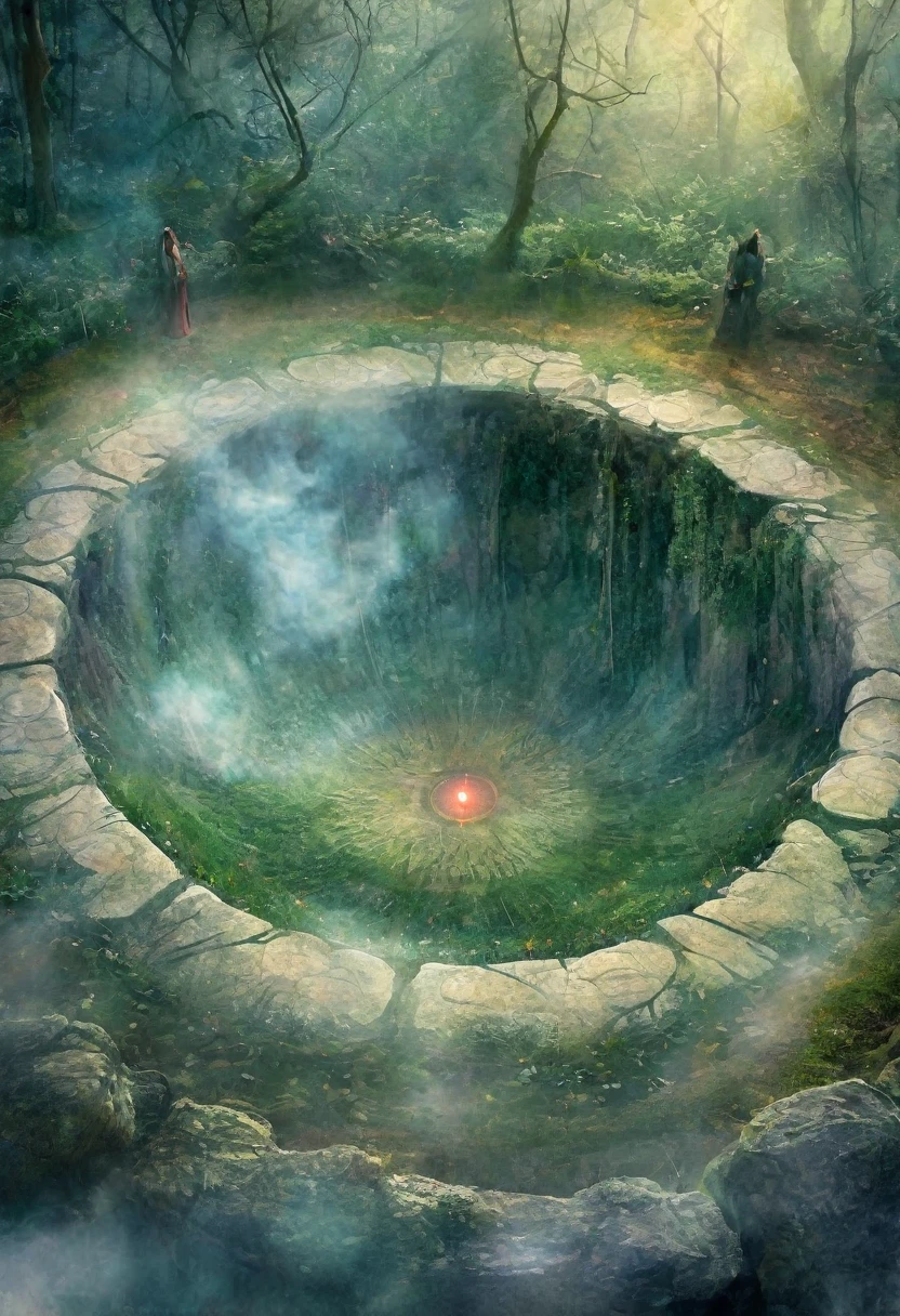 (Magic Circle:1.5), Aesthetic, Extremely detailed, excellent, illustration, Mid-shot, Magic Circle, curious, (Mystic energy:1.2) Internal rotation, Ancient Stone Circle, Misty Forest, Soft light, Two-tone lighting, Dim Lights, fantasy, Compared, Watercolor, Fairy Tale Core, Dream Core, adi granov, Brian Froud, John Jude Palenca.空中飘浮着的苍白色Magic Circle, ,The hero who stopped the world from being destroyed, The back of the character, City as background
