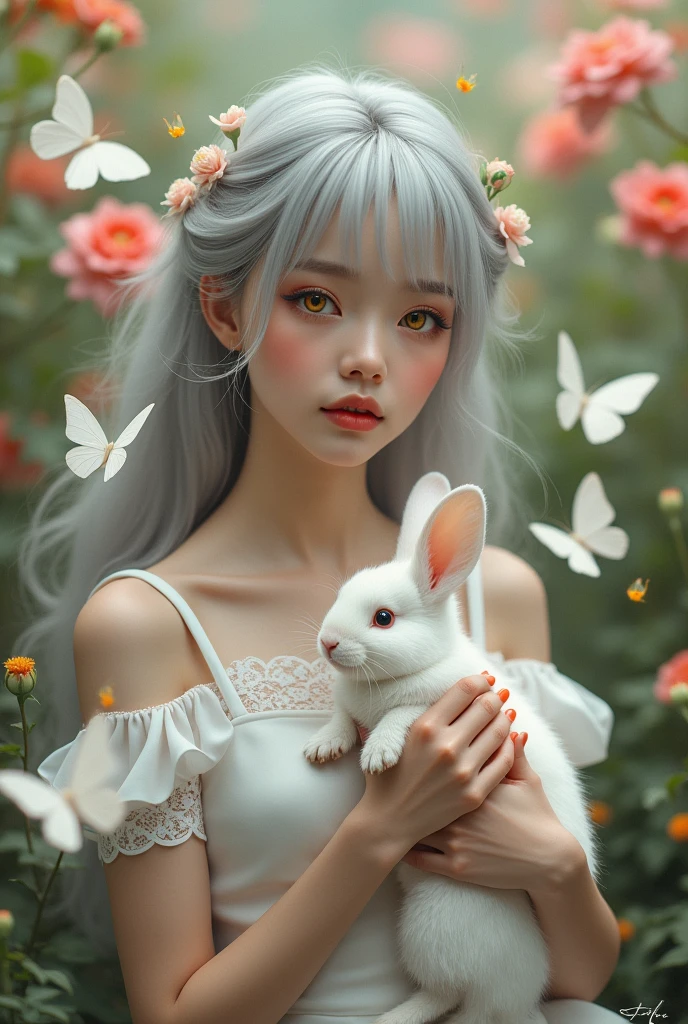 Detail, realism, 4k, , face detail, large yellow eyes, plump lips, upturned nose, gray hair with pink strands, in a white dress, with a rabbit in her hands, flowers in the background, white butterflies in the foreground, realistic shooting, depth of field, soft forelight, glow, HDR (muted colors: 1.2), Canon RF 100mm F2.8L Macro IS USM