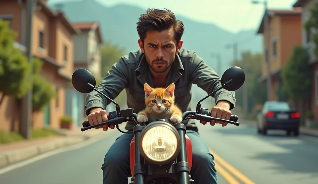 Father and cute kitten are riding a motorbike with panicked faces
