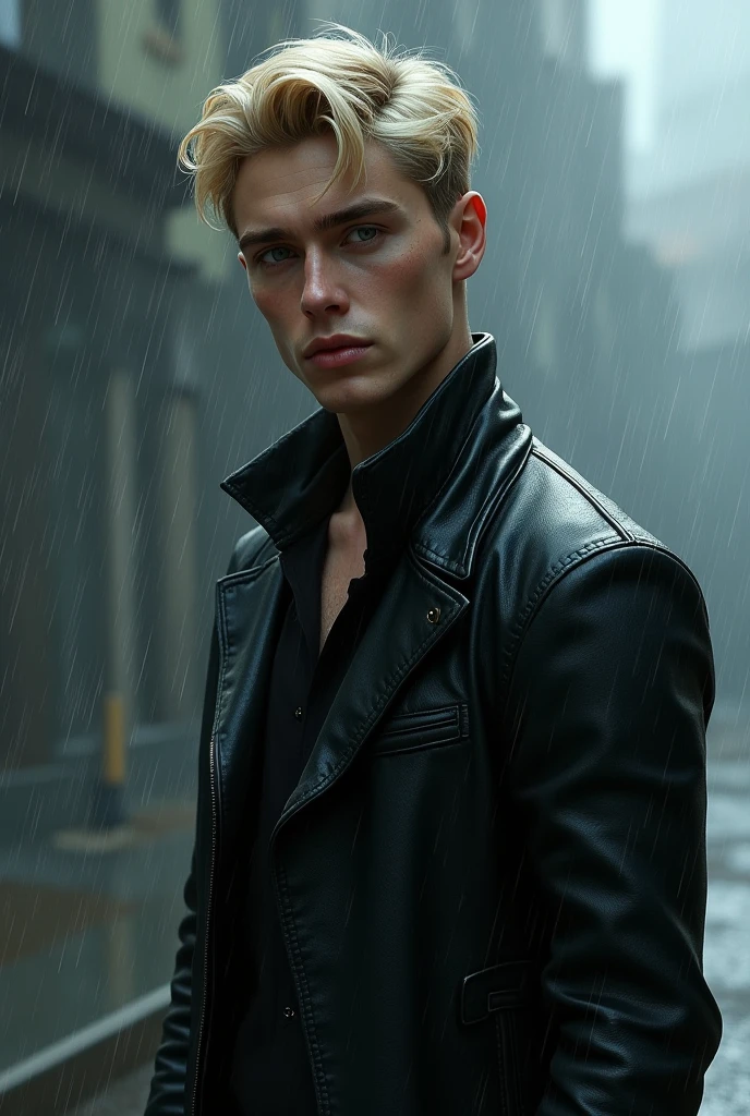 A guy with brown eyes and blond hair in a black jacket in the rain 