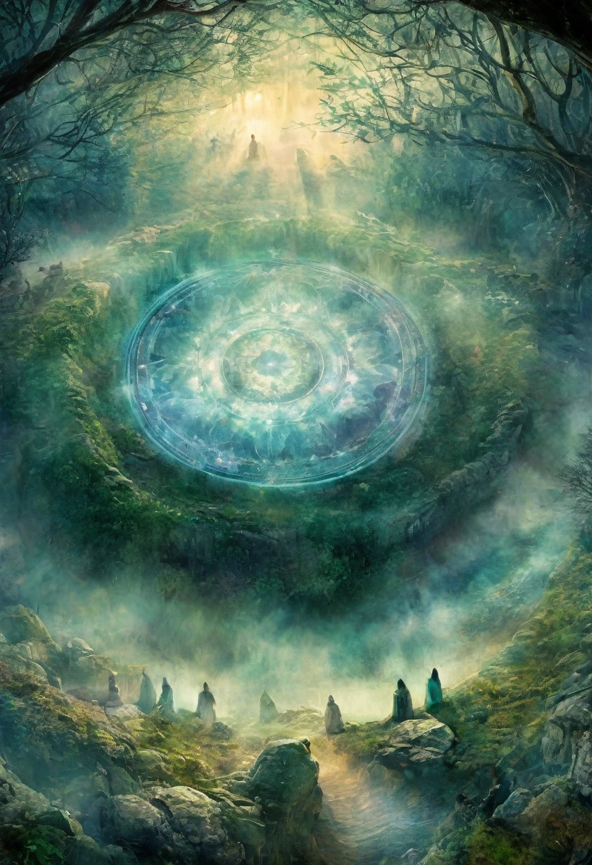 (Magic Circle:1.5), Aesthetic, Extremely detailed, excellent, illustration, Mid-shot, Magic Circle, curious, (Mystic energy:1.2) Internal rotation, Ancient Stone Circle, Misty Forest, Soft light, Two-tone lighting, Dim Lights, fantasy, Compared, Watercolor, Fairy Tale Core, Dream Core, adi granov, Brian Froud, John Jude Palenca.空中飘浮着的苍白色Magic Circle, ,The hero who stopped the world from being destroyed, The back of the character, City as background