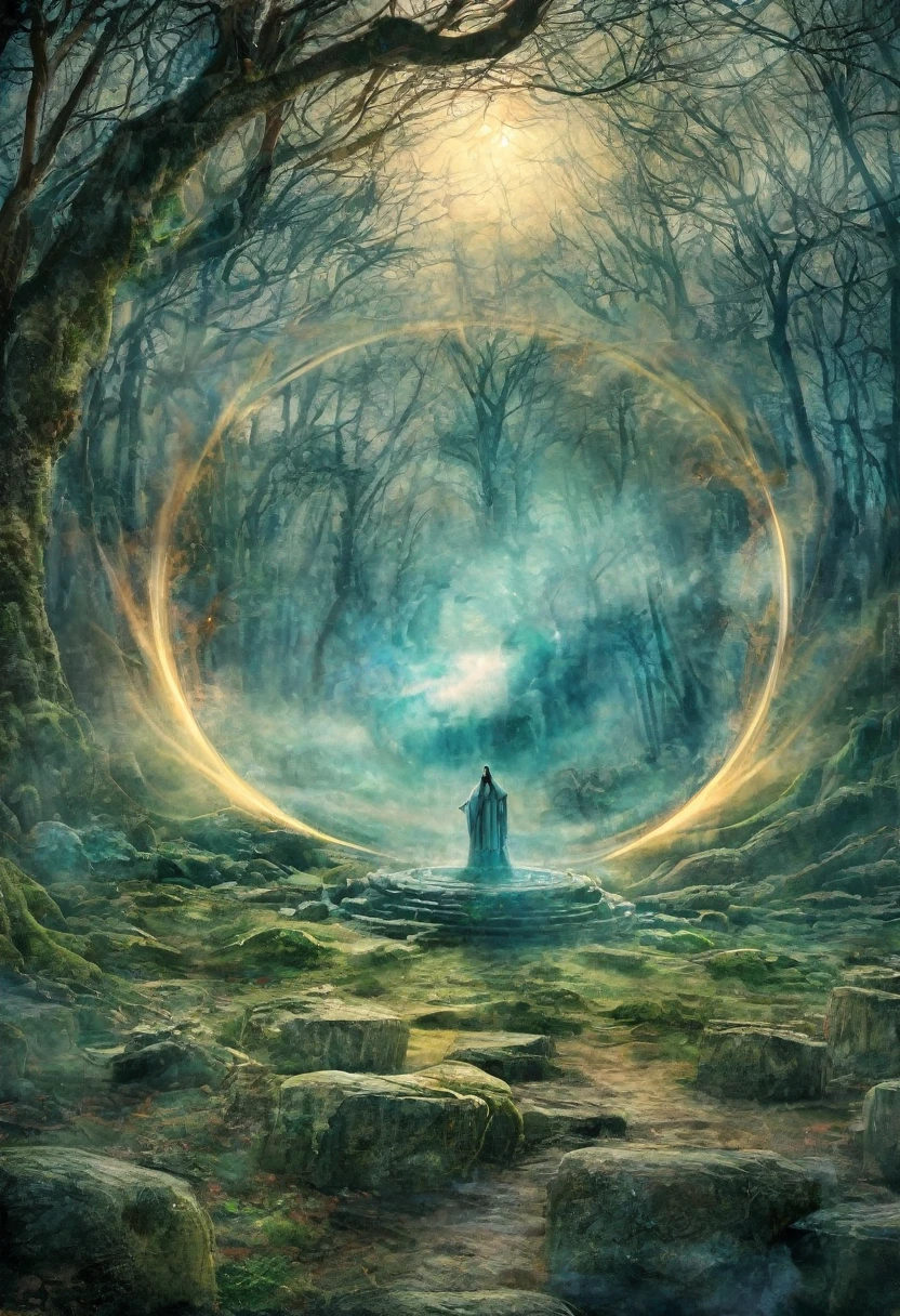 (Magic Circle:1.5), Aesthetic, Extremely detailed, excellent, illustration, Mid-shot, Magic Circle, curious, (Mystic energy:1.2) Internal rotation, Ancient Stone Circle, Misty Forest, Soft light, Two-tone lighting, Dim Lights, fantasy, Compared, Watercolor, Fairy Tale Core, Dream Core, adi granov, Brian Froud, John Jude Palenca.空中飘浮着的苍白色Magic Circle, ,The hero who stopped the world from being destroyed, The back of the character, City as background
