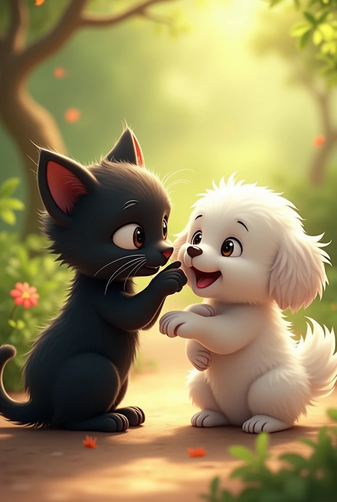 Black Cat with white dog is cute HD quality