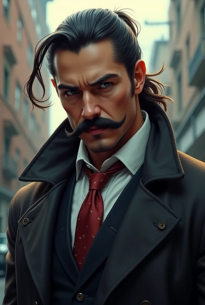 A young gangster who have 30 years old. He wears always coates and suits . Short forehead .looking admirable . Avg long hair with a pony tale . Have attitude in his face. Good looking . Avg muscular . Have no beard but have a horseshoe shaped moustache