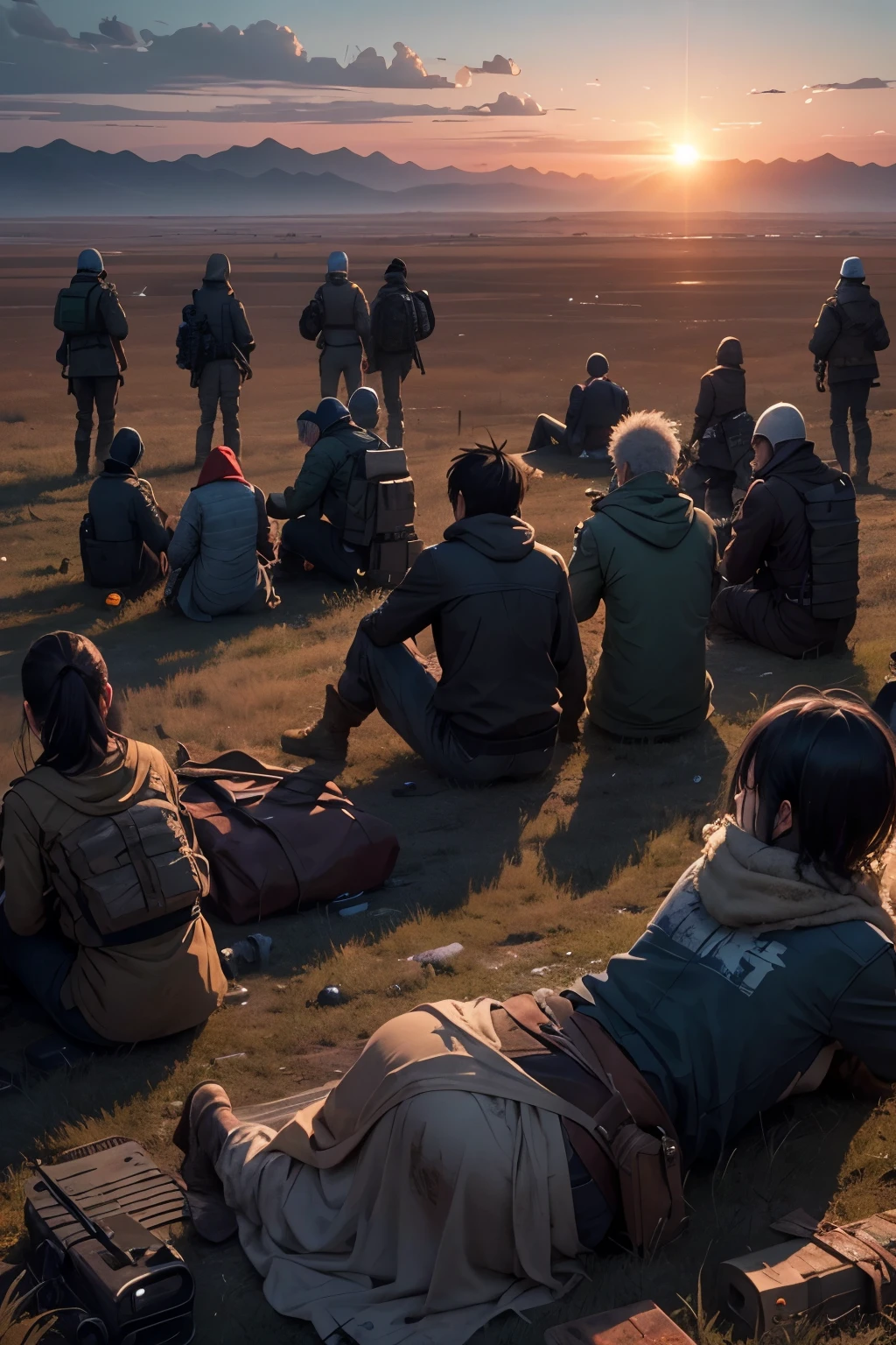 (Highest quality:1.2)。Post-apocalyptic。Survivors after the world collapses。Multiple people々。5~6 people々。Some sat on the ground、Some people stood up、Another person crouched down.。Waiting for the sun to rise over the horizon。The background is an empty wilderness。