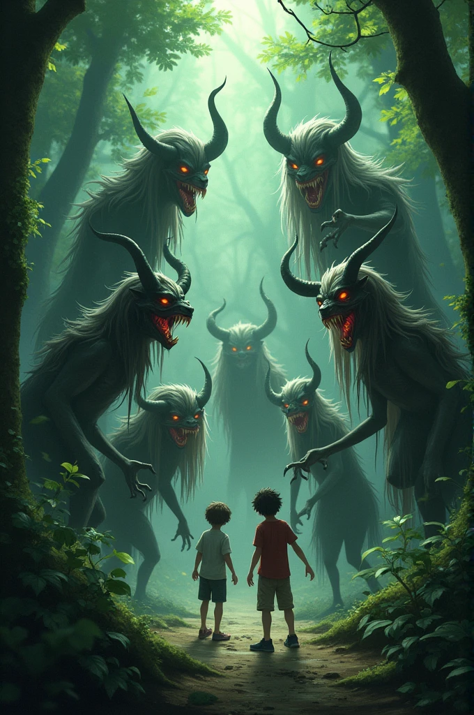 6 demon girls, all around . They're all attacking two boys in the forest.