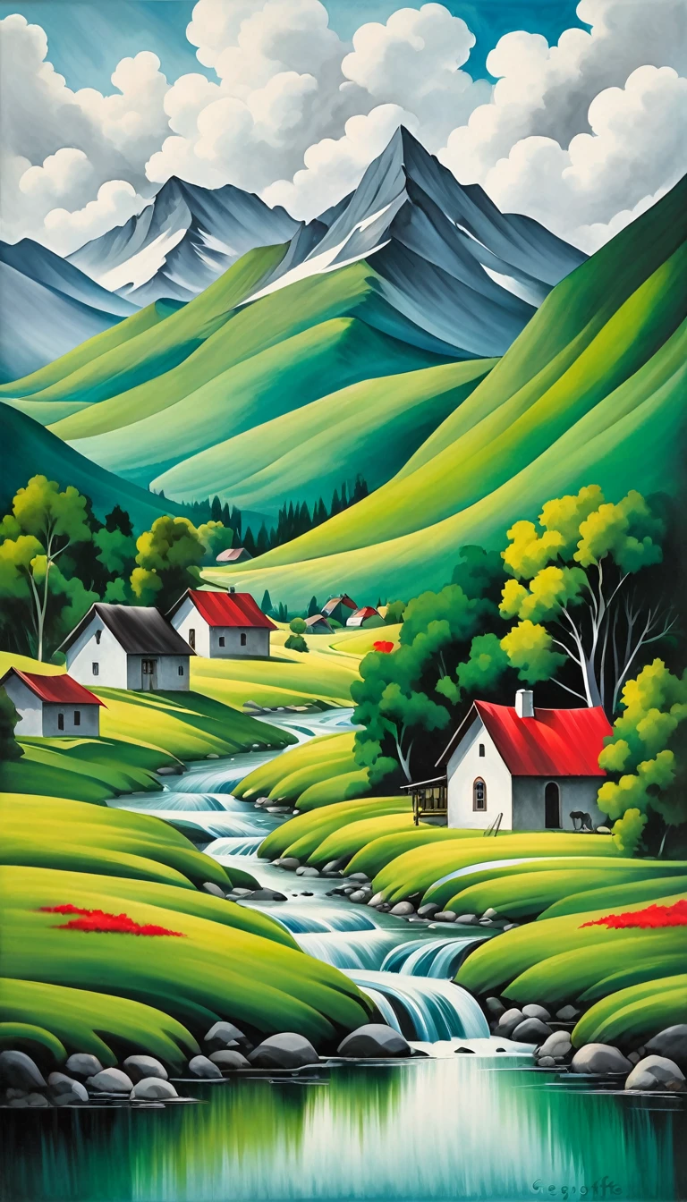 artist by Georgia O'Keeffe,inside the village,wild animals,light tones,(smooth strokes),fine sketches,Vivid,Moody,Landscapes,Fantasy,Dark,landscape oil painting, red and green colors