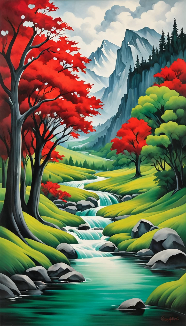 artist by Georgia O'Keeffe,inside the village,wild animals,light tones,(smooth strokes),fine sketches,Vivid,Moody,Landscapes,Fantasy,Dark,landscape oil painting, red and green colors