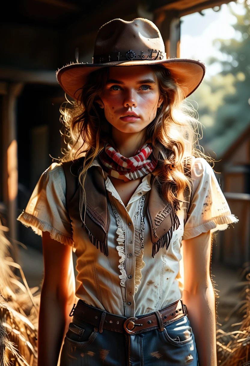 Portrait of beautiful women on a dirty farm:1.2 , cowboy hat, fringed vest , trousers, scarf , confidence , medium breast,