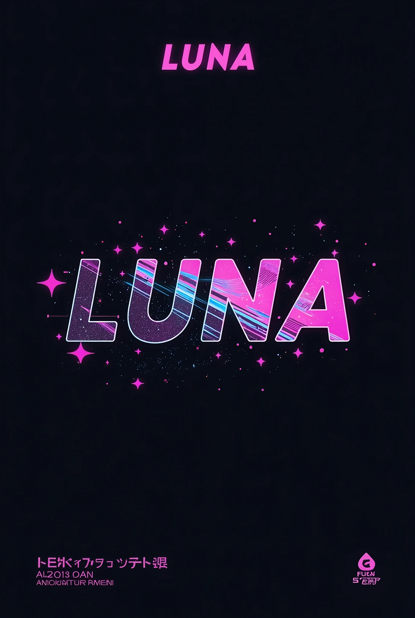 High resolution, Logo for Jdm cars, logo spelling swiftly “Luna” cool, Jdm theme, anime theme, Cyberpunk vibe name spelling, brand logo, logo for tshirt, brand logo “LUNA”, neon vibes, acid trip vibes, acid trip, shooting stars, acid trip inside “LUNA”, acid trip, hallucinations,