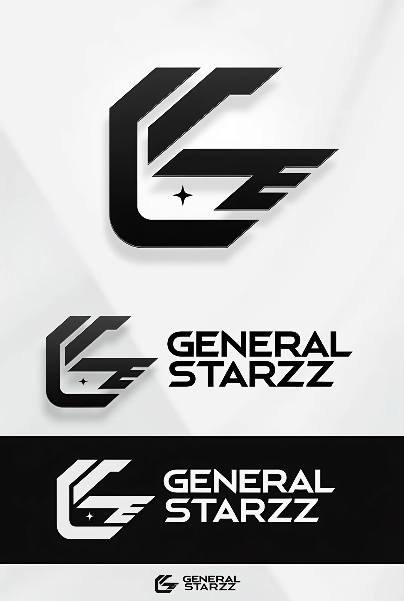 Create a one logo with the name "General Starzzz" with a modern, minimalist and futuristic design with black and white colors.