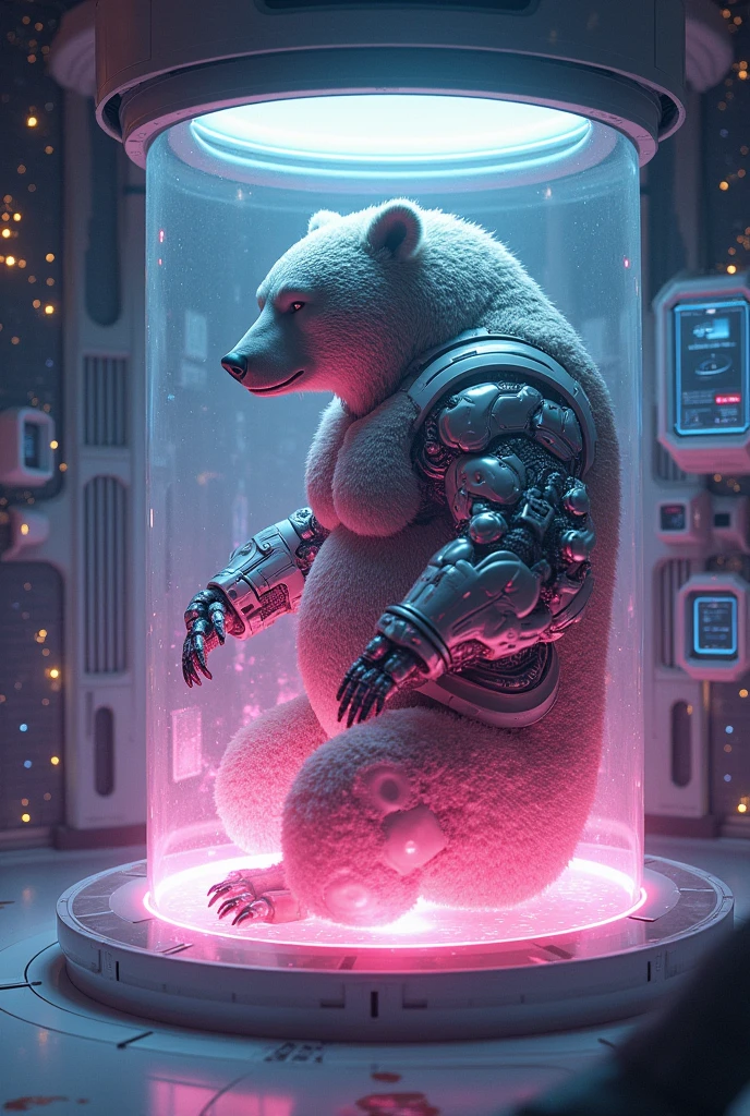 n the dimly lit interior of a futuristic spaceship, a majestic brown bear enhanced with advanced cyborg technology floats in a cryogenic chamber filled with a thick, viscous pink liquid. The bear’s fur is intricately interwoven with metallic armor, and one side of its body reveals the complex, glowing circuits and mechanical organs beneath its skin. Its eyes are closed in deep hibernation, with a faint, electric blue light pulsing through the exposed circuitry. The pink liquid, slightly luminescent, swirls around the bear, creating an ethereal glow that contrasts with the cold, metallic surroundings. The cryogenic chamber, encased in transparent, frost-covered glass, emits a cool, blue light that mixes with the pink hues of the liquid, casting a surreal atmosphere. Holographic monitors display the bear’s vital signs, while the ship’s sleek, high-tech interior hums with the quiet energy of deep space travel. Through the small viewport, the infinite expanse of the cosmos stretches out, dotted with distant stars, as the cyborg bear remains in serene, suspended animation within its otherworldly chamber."