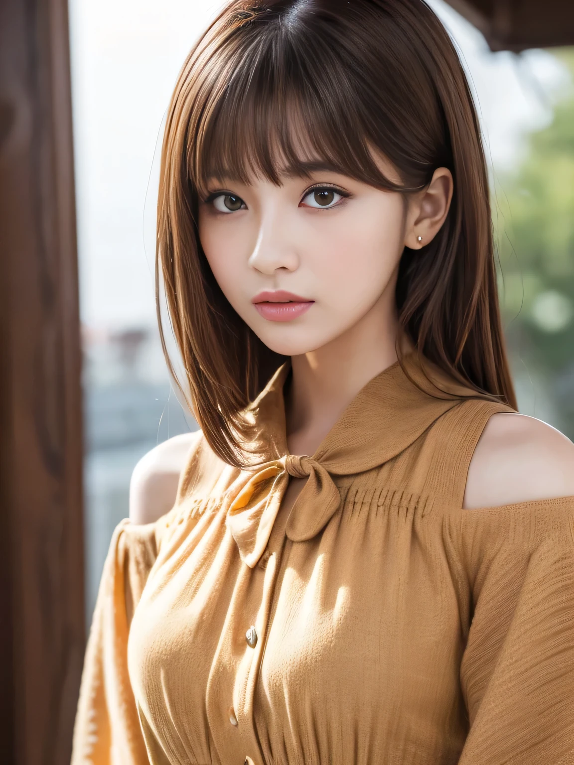 Ultra-high resolution, Superior Quality, Highest quality, Very detailed, Realistic, 8k, RAW Photos, Highest quality, masterpiece, Attractive girl, wonderful, Brown Hair, Shoulder-length layers, Asymmetrical bangs, Japanese Idols, Sophisticated, stylish, blouse,