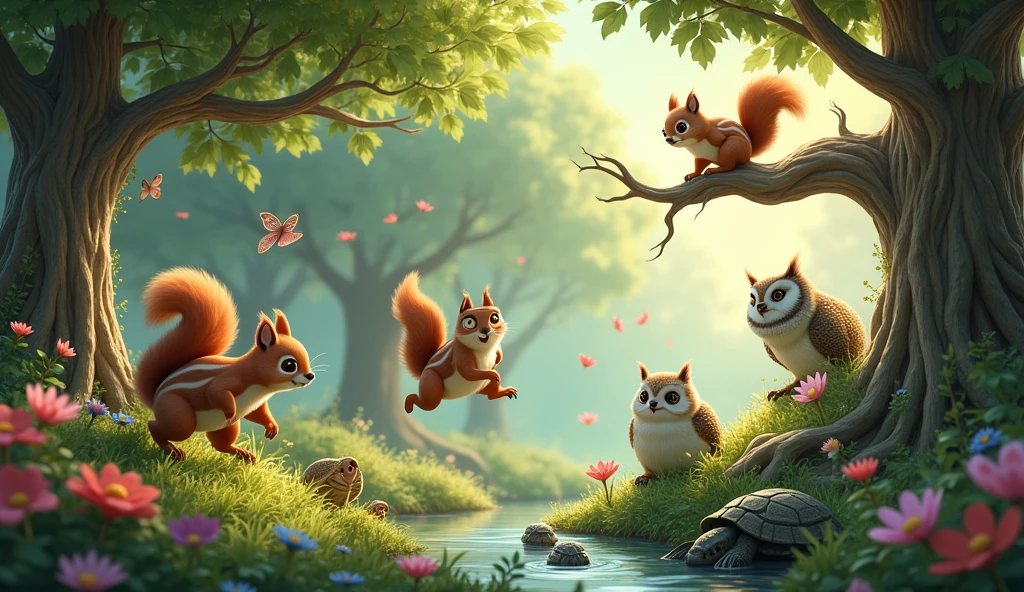 Forest animals like squirrels, turtles, and owls enjoying and playing in the magical garden.”