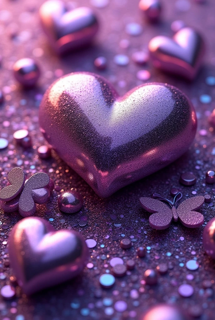 Name "Miami" 3D metallic purple glitter with metallic purple heart, metallic purple butterfly, metallic purple peal. Everything in front 3D rendering, typography, 3d render, poster, fashion