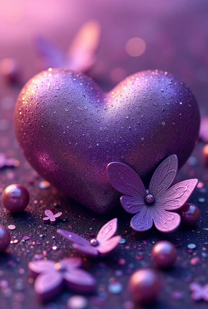 Name "Miami" 3D metallic purple glitter with metallic purple heart, metallic purple butterfly, metallic purple peal. Everything in front 3D rendering, typography, 3d render, poster, fashion