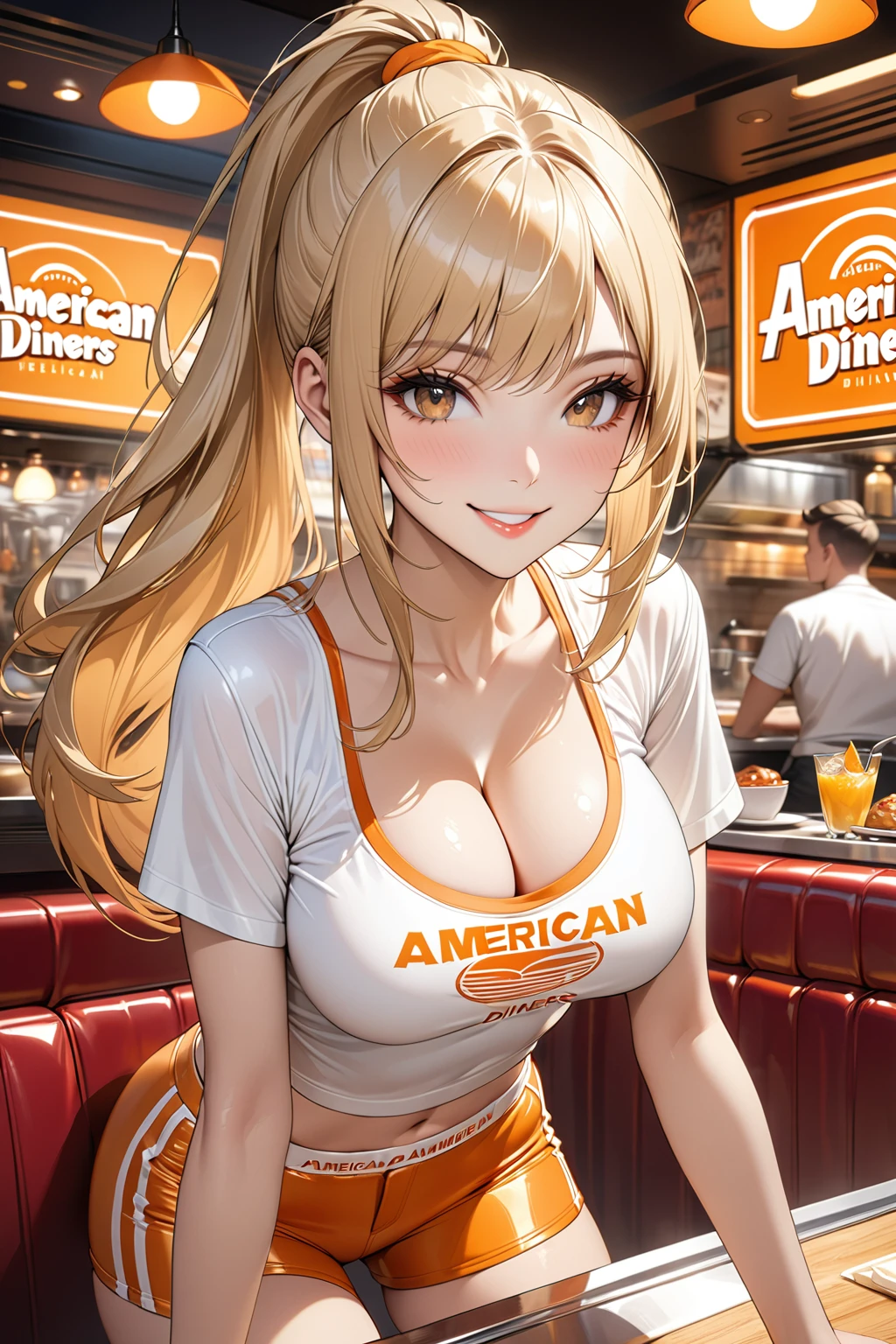masterpiece,highest quality,32K,ultra detailed,young girl,light brown eyes,light makeup,full breasts,cleavage,fair skin,shiny skin,happy smile,silky hair,bangs,straight hair,ponytail,blond,white crop top,logo,short sleeves,orange color hot pants,orange color hairtie,American Diners