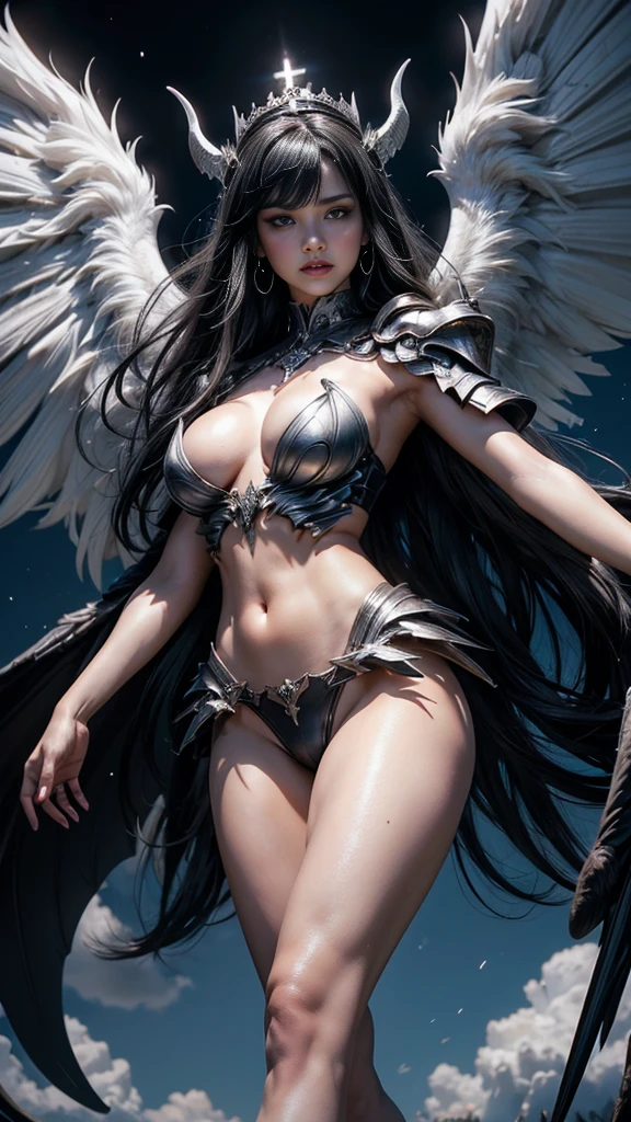 full body image, (Realistic picture, highest resolution, 16K), Big wings every year, (เทพอสูรที่มีLarge wingsและทรงพลังมหาศาล, Twelve wings on the shoulders., Three black bat wings:1.5 , 3 white angel wings:1.5), Has 100 wings on the shoulders, There are 1000 wings that flow., Twelve wings on the shoulders., black bat wings:1.3 white angel wings:1.5), 6 angel wings, 6 devil wings, (Beautiful girl with two meter long hair, Shiny black hair, Smooth white skin, Lips are very red.), ((stand, Walk)), (big breasts, big tits), (gigantic breast, breast augmentation, Breast 400 cc., small waist, hips raised, small thighs, Long legs), (dynamic poses), (Armor that slightly conceals the body), Separate theme, (Angel wings and devil wings), Floating from the air above the ground, Isolated sky background, Embraced with twelve wings, The horns that grow from the head are like a crown., He who has light, wears little armor, There is power coming out of the body., sparkling wings, white light black light, amazing wings, beautiful gesture, 8K resolution, beautiful gesture, Angel wings and devil wings, (Realistic picture, highest resolution), (Large wingsทรงพลัง, Wings are much larger than the model's body.), (RAW shooting:1.5, realistic:1.5, dark fantasy:1.5), (Highest quality, Masterpiece, Ultra high resolution), The Desolated Demon World, ((Perfect dynamic composition:1.7, Detailed tattoos all over the body:1.6, Wear exquisite jewelry:1.6)), Highly detailed skin and facial features:1.3, Details of the limbs, (A sexy succubus with big wings.:1.3, beautiful and beautiful:1.3), War between gods and demons, chaos, darkness, fight, (Tight black leather outfit:1.3), big breastsที่กำลังจะระเบิด, Don't show your nipples, ช่องว่างbig breasts, Large breasts close together, (The expression on your face when you feel a strong touch., Facial expressions when feeling pleasure, A look sunk in joy), beautiful blue eyes, Eyes that give a feeling of elegance and beauty, sexy face, Blush, (Too erotic and cute:0.9, Fascinating:0.9), (Large wings), Palm spread across chest,Light energy ball, Magic between the palms, Casting Spells