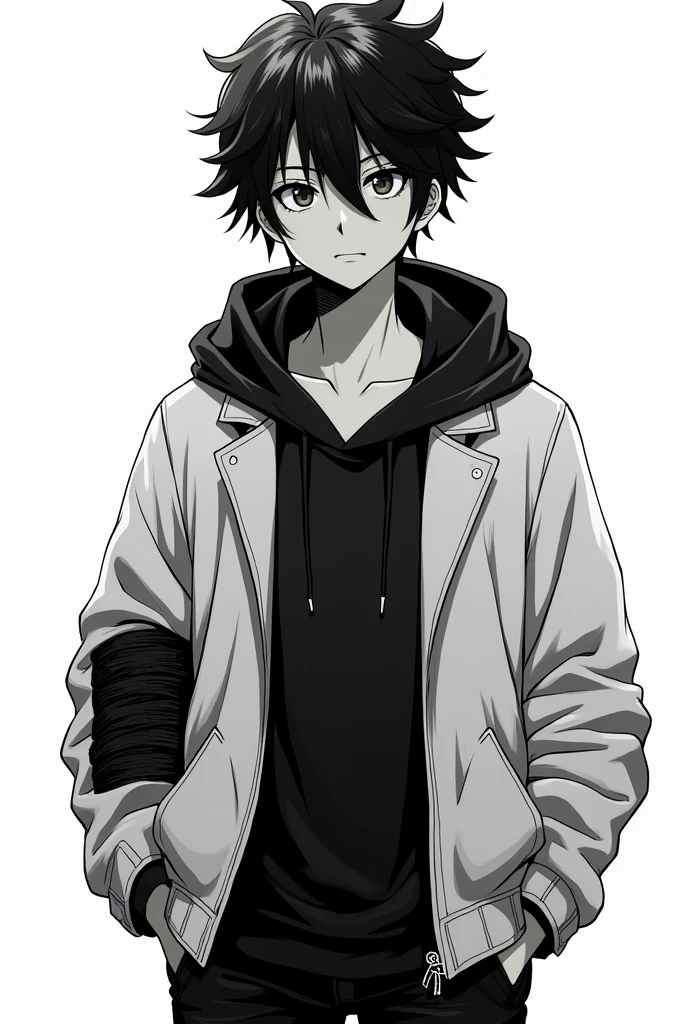 Black hair, black hoodie, white jacket on top of hoodie, black bandages on arm, manga style, boy, black and white