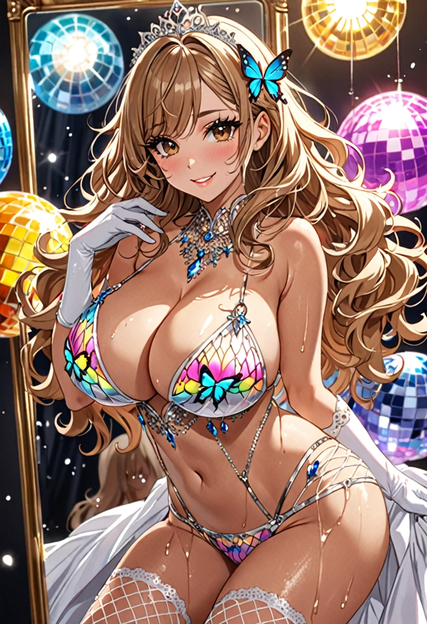 (Highest quality, Ultra-high resolution、The most complex and detailed depiction、masterpiece、8k, RAW Photos, Best image quality、Very detailedな顔、Attention to detail、Beautiful woman、Realistic、photo-Realistic、Very detailed, Beautiful attention to detail:1.5),(One adult woman:1.3)、(blush)、(Gal-style makeup、mascara 、eyeshadow、Dark eyeliner、Long and beautiful eyelashes、False eyelashes、double eyelid、heavy makeup、hostess、Brown eyes、:1.5),(A bra with a pale rainbow gradient butterfly pattern、Light rainbow gradient butterfly pattern panties:1.5)、Gorgeous jeweled necklace、Gold bracelet、A gorgeous gold tiara studded with jewels、Sheer white lace dress、Mesh fabric、White fishnet stockings,(White opera gloves)、(A seductive smile),(under boob、Huge breasts:1.2)、(Cleavage:1.2)、(((Light brown hair、Wavy Hair、Long Hair)))、elongated nose、Face with gills、(Very tanned and shiny skin、Perfect Style)、Saggy breasts、Large saggy breasts、((Sweat、Your body is wet))、((Dim Club、pole dance))、(Mirror ball)、Sleepy face