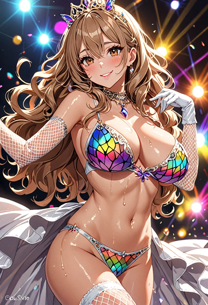 (Highest quality, Ultra-high resolution、The most complex and detailed depiction、masterpiece、8k, RAW Photos, Best image quality、Very detailedな顔、Attention to detail、Beautiful woman、Realistic、photo-Realistic、Very detailed, Beautiful attention to detail:1.5),(One adult woman:1.3)、(blush)、(Gal-style makeup、mascara 、eyeshadow、Dark eyeliner、Long and beautiful eyelashes、False eyelashes、double eyelid、heavy makeup、hostess、Brown eyes、:1.5),(A bra with a pale rainbow gradient butterfly pattern、Light rainbow gradient butterfly pattern panties:1.5)、Gorgeous jeweled necklace、Gold bracelet、A gorgeous gold tiara studded with jewels、Sheer white lace dress、Mesh fabric、White fishnet stockings,(White opera gloves)、(A seductive smile),(under boob、Huge breasts:1.2)、(Cleavage:1.2)、(((Light brown hair、Wavy Hair、Long Hair)))、elongated nose、Face with gills、(Very tanned and shiny skin、Perfect Style)、Saggy breasts、Large saggy breasts、((Sweat、Your body is wet))、((Dim Club、pole dance))、(Mirror ball)、Sleepy face