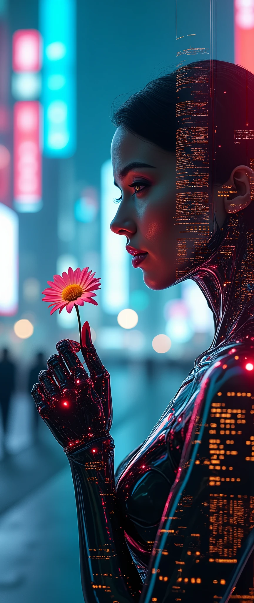 (masterpiece:1.2,Exceptional Quality,mirror-like,Cinematic Experience,Photorealistic,RAW Photos,Super detailed),8k,wallpaper,(A beautiful multiple exposure combining a female cyborg and a futuristic neon city:2.0),(The background is a futuristic city lit up in neon:2.0),(Create the outline of a close-up of the upper body of a female cyborg holding a daisy flower:2.0),Sharp lines,Sharp Focus,Double Exposure,Full Color,(Detailed Female Hands:2.0),(Beautiful female hands:2.0)