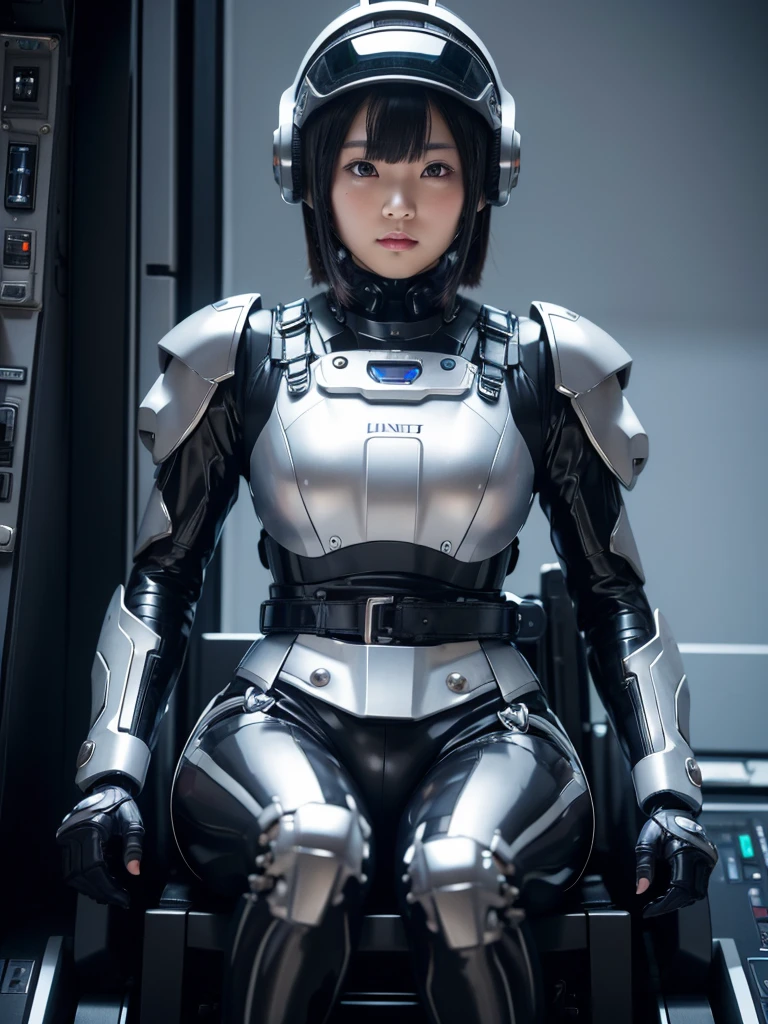 masterpiece, Highest quality, Very detailed, Japanese Android girl, Beautiful 2 Japanese woman, Plump,Slightly thicker,Control panel,Android,cyborg,Blunt bangs,Sitting in the cockpit,Black and silver robot suit,Thick harness belt,Full-face helmet