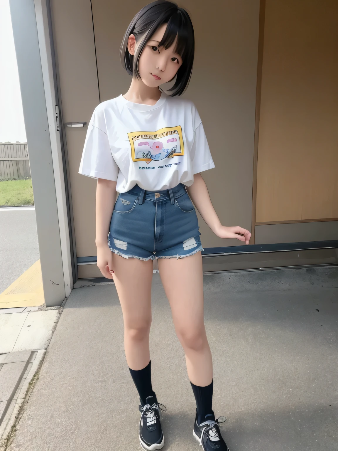Beautiful young man dressed as a boy at a Japanese elementary school in the 1970s.,she is cute and beautiful like an idol.,She is pure and innocent.,She is wearing a T-shirt,Extremely short, tight, and skinny denim shorts,High socks and sneakers.Japanese,Black short bob Above the Clouds