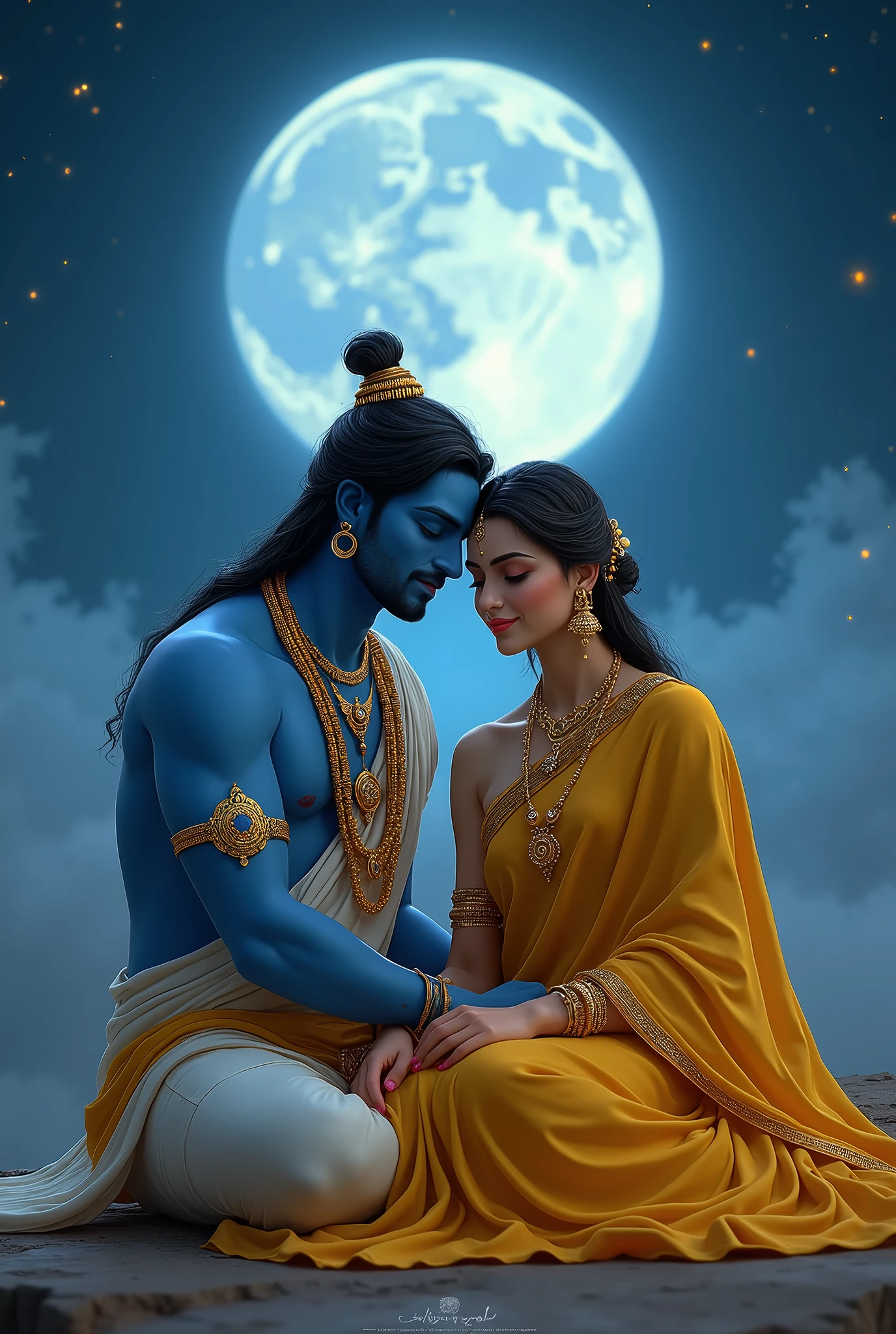 Create an image of a divine couple sitting together under a starry night sky, with a large glowing full moon in the background. The male figure is depicted with blue skin, wearing traditional golden jewelry, and a simple yet regal outfit. The female figure is dressed in a bright yellow saree adorned with intricate designs and matching jewelry. They both have peaceful, loving expressions, gazing slightly towards the viewer. The atmosphere is serene and romantic, with soft light illuminating their faces, enhancing the overall ethereal and spiritual vibe