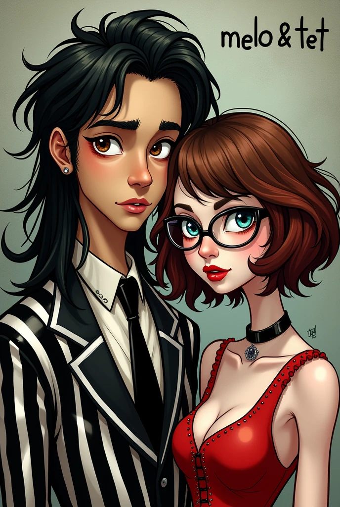 (Comicrealism 1.2) create Tim Burton esq Couple
The Boy is athletic and has long black glam metal hair and the white and black striped suit of BEETLEJUICE, he has light brown skin, brown eyes and a barely viable mustang. The girl has short red brown hair and prominant red bangs, pale skin, blue eys, glasses and a red dress in the style of LYDIA DEETZ from the movie BEETLEJUICE.
Also put also Text on the artwork: MELO & TET