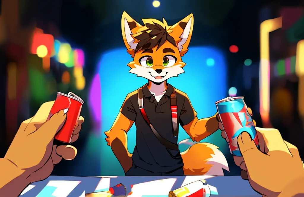 there is a cartoon fox holding a can of soda in its hand, fursona art, furry art!!!, fursona furry art commission, fursona commission, pov furry art, fursona!!!!, furaffinity commission, commission on furaffinity, furry fursona, furry furaffinity, professional furry drawing, furry artist, holding a stuff, holding bag of jewels, shading, blur, yellow striped- background