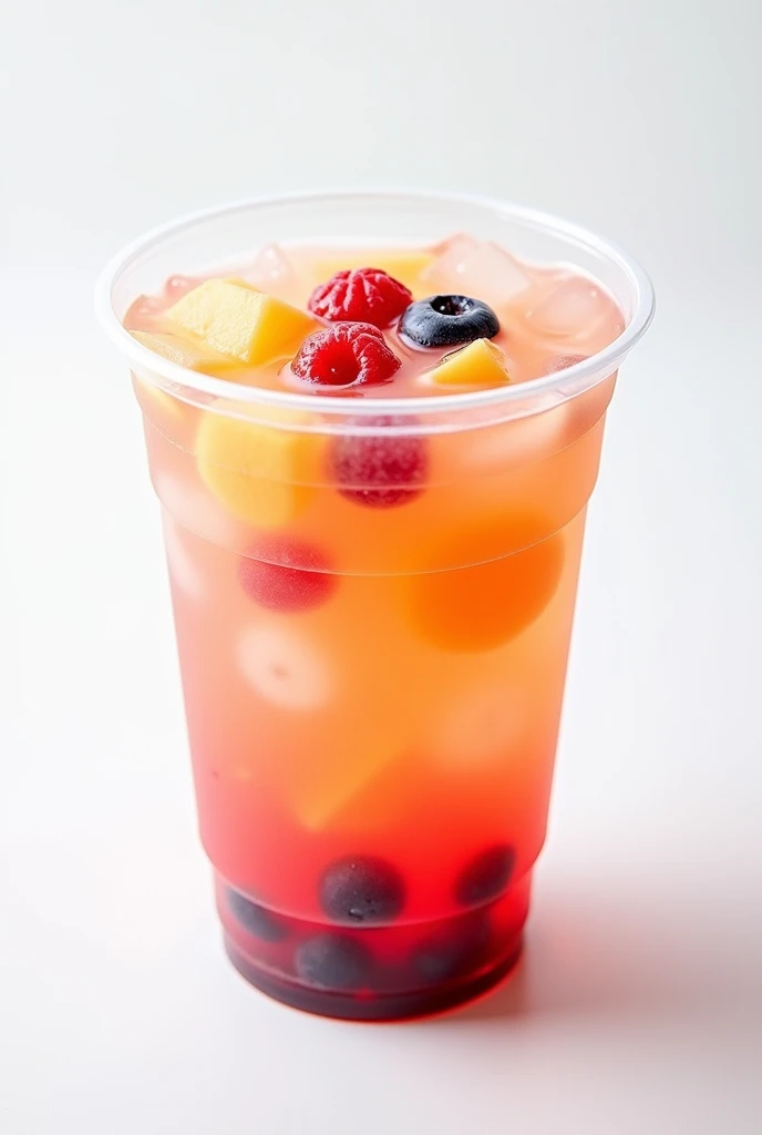 Iced jelly on top with fruity in the clear drink plastic cup without lid white background 