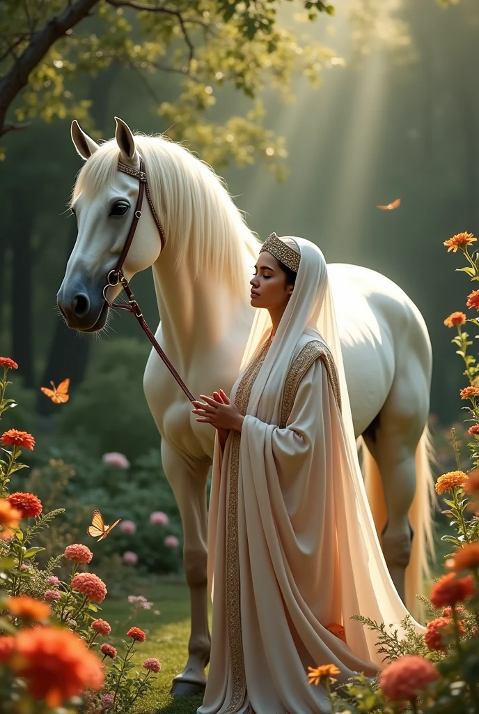 A queen praying salah his white horse seated behind him In the garden who fullfill with the beautiful flower's and butterflies

