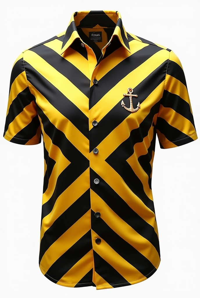 A black and yellow silk men's short sleeved Shirt with zigzag patterns and a tiny anchor on the left side