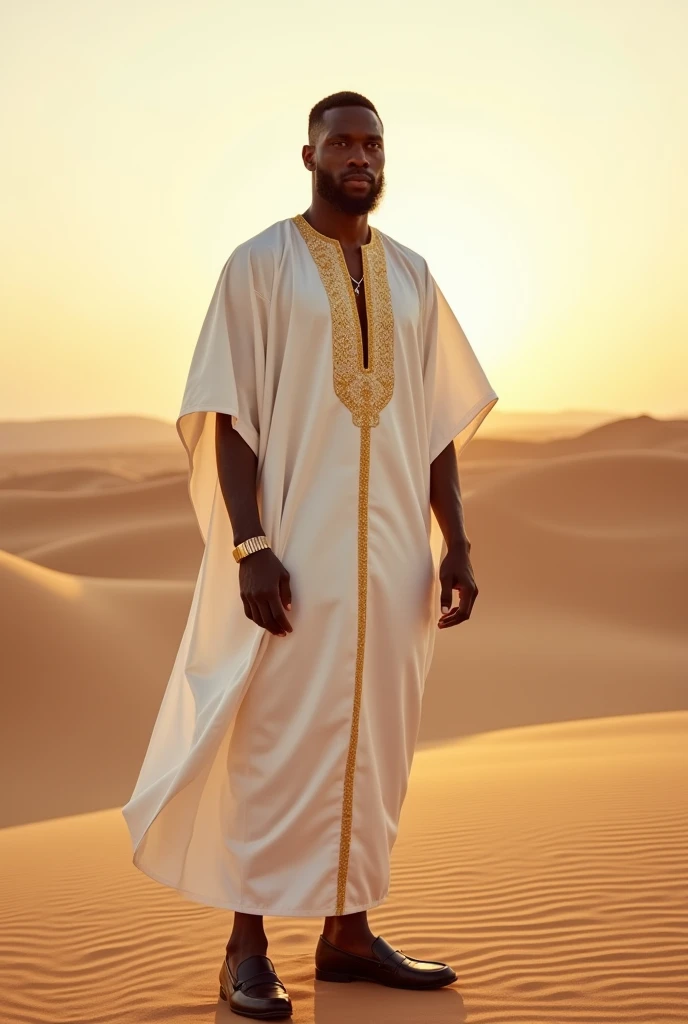 Strong forty year old black man, very elegant and sophisticated, with a goatee, wearing white african tribal robe, pure silk with gold details on the long LINE swag, short-sleeved, pocket Italian loafer shoes The model is in a desert