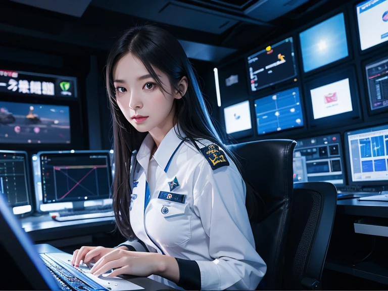 Female officer of the Space Defense Force、beautiful、Reluctant expression、Long, sharp eyes、(((cool)))、Operating a computer in the control room