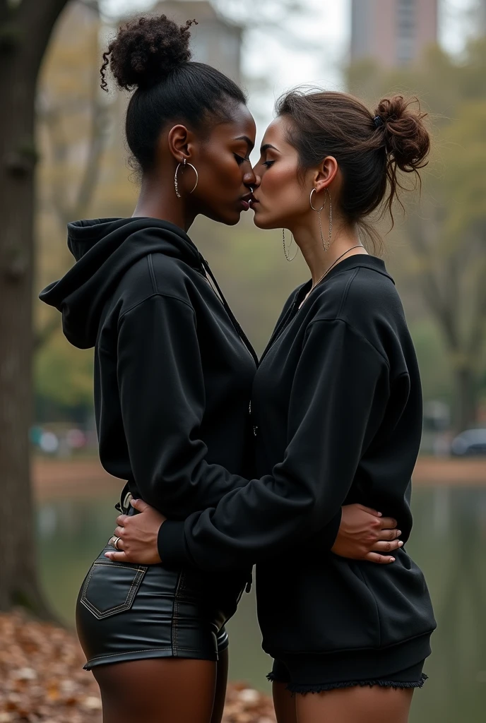 black woman hair in a bun black hoodie black leather short shorts old ugly woman standing behind her up against her wearing a dress with her arms around her waist kissing her neck tcentral park new york city