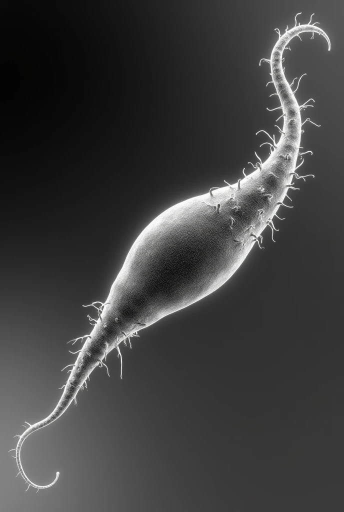 Visualize a single sperm cells observed through a microscope. Transform the image to a black-and-white format .