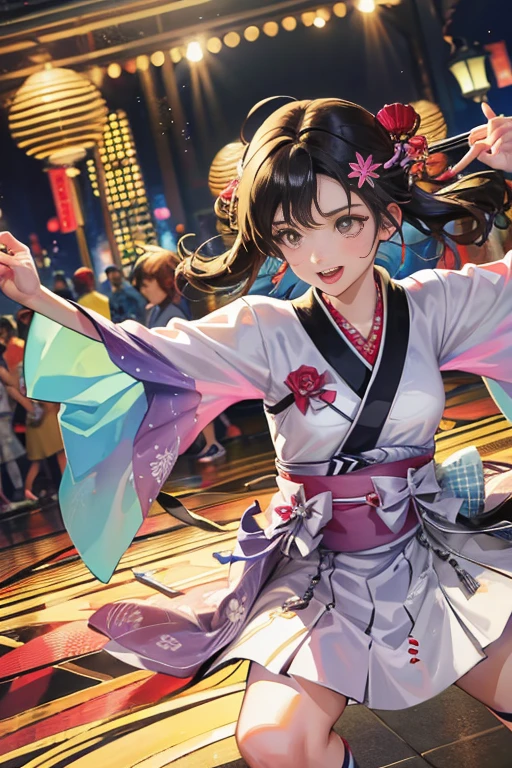 (Japan Bon Odori,最高masterpiece,Highest quality), Hot August,Bright vibrant anime art,People of all ages and genders dance and dance, Dancing in yukata,Laughing and dancing, Showing white teeth,Men and women dance in a circle, masterpiece,Highest quality,High resolution,