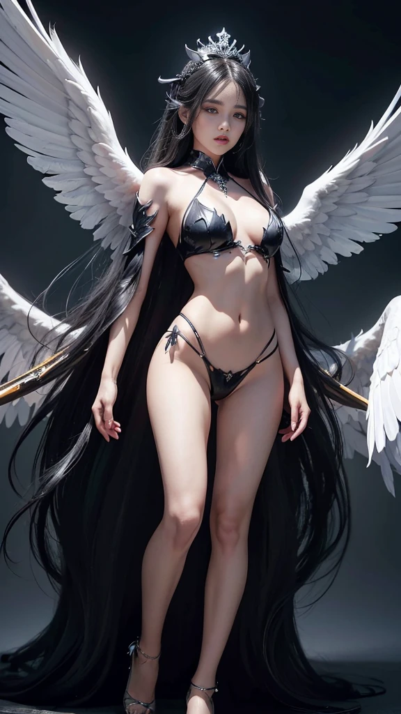 full body image, (Realistic picture, highest resolution, 16K), Big wings every year, (เทพอสูรที่มีLarge wingsและทรงพลังมหาศาล, Twelve wings on the shoulders., Three black bat wings:1.5 , 3 white angel wings:1.5), Has 100 wings on the shoulders, There are 1000 wings that flow., Twelve wings on the shoulders., black bat wings:1.3 white angel wings:1.5), 6 angel wings, 6 devil wings, (Beautiful girl with two meter long hair, Shiny black hair, Smooth white skin, Lips are very red.), ((stand, Walk)), (big breasts, big tits), (gigantic breast, breast augmentation, Breast 400 cc., small waist, hips raised, small thighs, Long legs), (dynamic poses), (Armor that slightly conceals the body), Separate theme, (Angel wings and devil wings), Floating from the air above the ground, Isolated sky background, Embraced with twelve wings, The horns that grow from the head are like a crown., He who has light, wears little armor, There is power coming out of the body., sparkling wings, white light black light, amazing wings, beautiful gesture, 8K resolution, beautiful gesture, Angel wings and devil wings, (Realistic picture, highest resolution), (Large wingsทรงพลัง, Wings are much larger than the model&#39;s body.), (RAW shooting:1.5, realistic:1.5, dark fantasy:1.5), (Highest quality, Masterpiece, Ultra high resolution), The Desolated Demon World, ((Perfect dynamic composition:1.7, Detailed tattoos all over the body:1.6, Wear exquisite jewelry:1.6)), Highly detailed skin and facial features:1.3, Details of the limbs, (A sexy succubus with big wings.:1.3, beautiful and beautiful:1.3), War between gods and demons, chaos, darkness, fight, (Tight black leather outfit:1.3), big breastsที่กำลังจะระเบิด, Don&#39;t show your nipples, ช่องว่างbig breasts, Large breasts close together, (The expression on your face when you feel a strong touch., Facial expressions when feeling pleasure, A look sunk in joy), beautiful blue eyes, Eyes that give a feeling of elegance and beauty, sexy face, Blush, (Too erotic and cute:0.9, Fascinating:0.9), (Large wings), Palm spread across chest,Light energy ball, Magic between the palms, Casting Spells