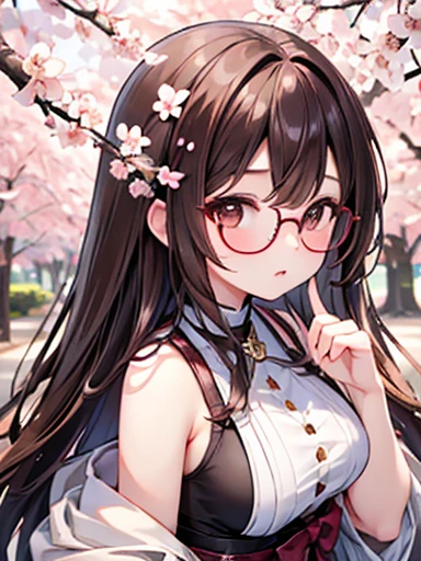1 female、Brown Hair(length)、Brown eyes、Black round glasses、 Highest quality、Very detailed、8k resolution、RAW Photos、The pieces fly、Fascinating 、Gorgeous face、Perfect body、cherry blossoms、Cherry-blossom viewing、Spring scenery、Large Breasts