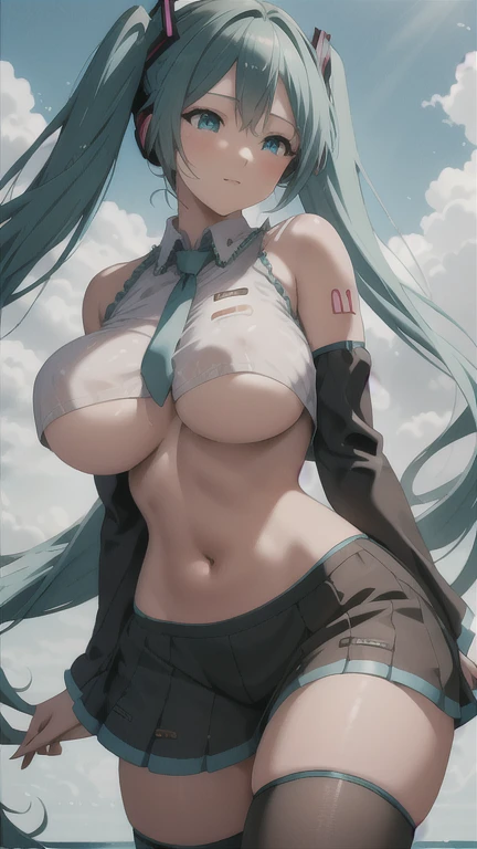 a beautiful detailed Hatsune Miku with huge breasts, cowgirl pose, hyperrealistic, 8k, highly detailed, intricate details, vivid colors, dramatic lighting, photorealistic, masterpiece, cinematic, pecho enormes, giga breasts,