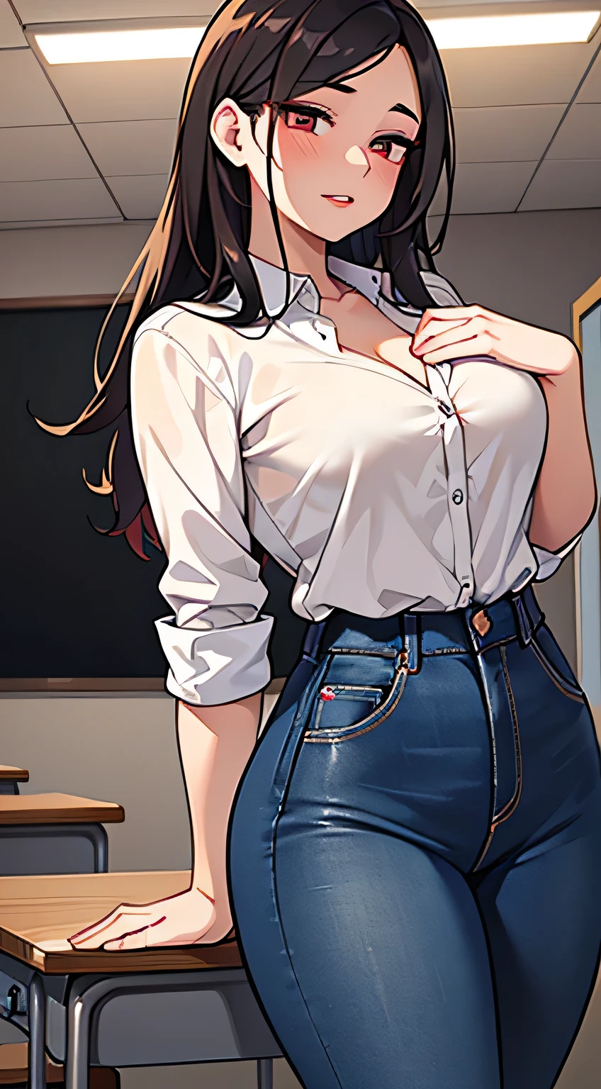 Amazing portrait of a woman who is 30 years old and an adult and a sexy teacher in an empty classroom with a beautiful detailed face emphasised by some amazing makeup wearing a shirt that emphasizes her medium chest, and jeans showcasing her thick thighs with a lustful expression during night time with soft lighting showcasing her red lips and her beautiful face in detail and close up 