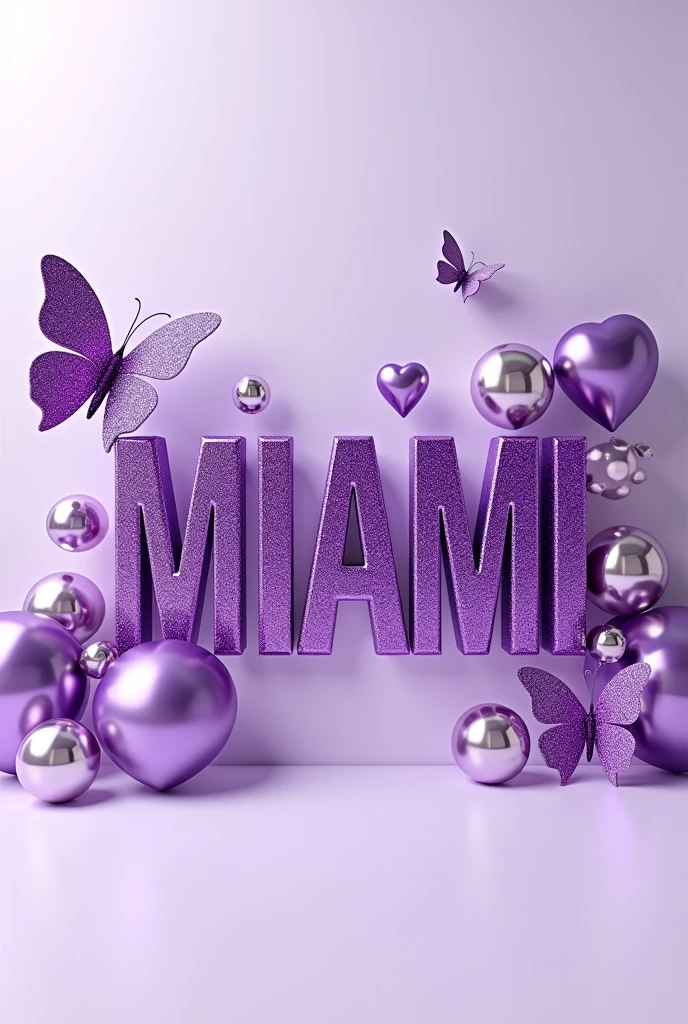Name MIAMI" 3D metallic purple glitter with metallic purple heart, metallic purple butterfly, metallic purple peal. Everything in front 3D rendering, typography, 3d render, poster, fashion