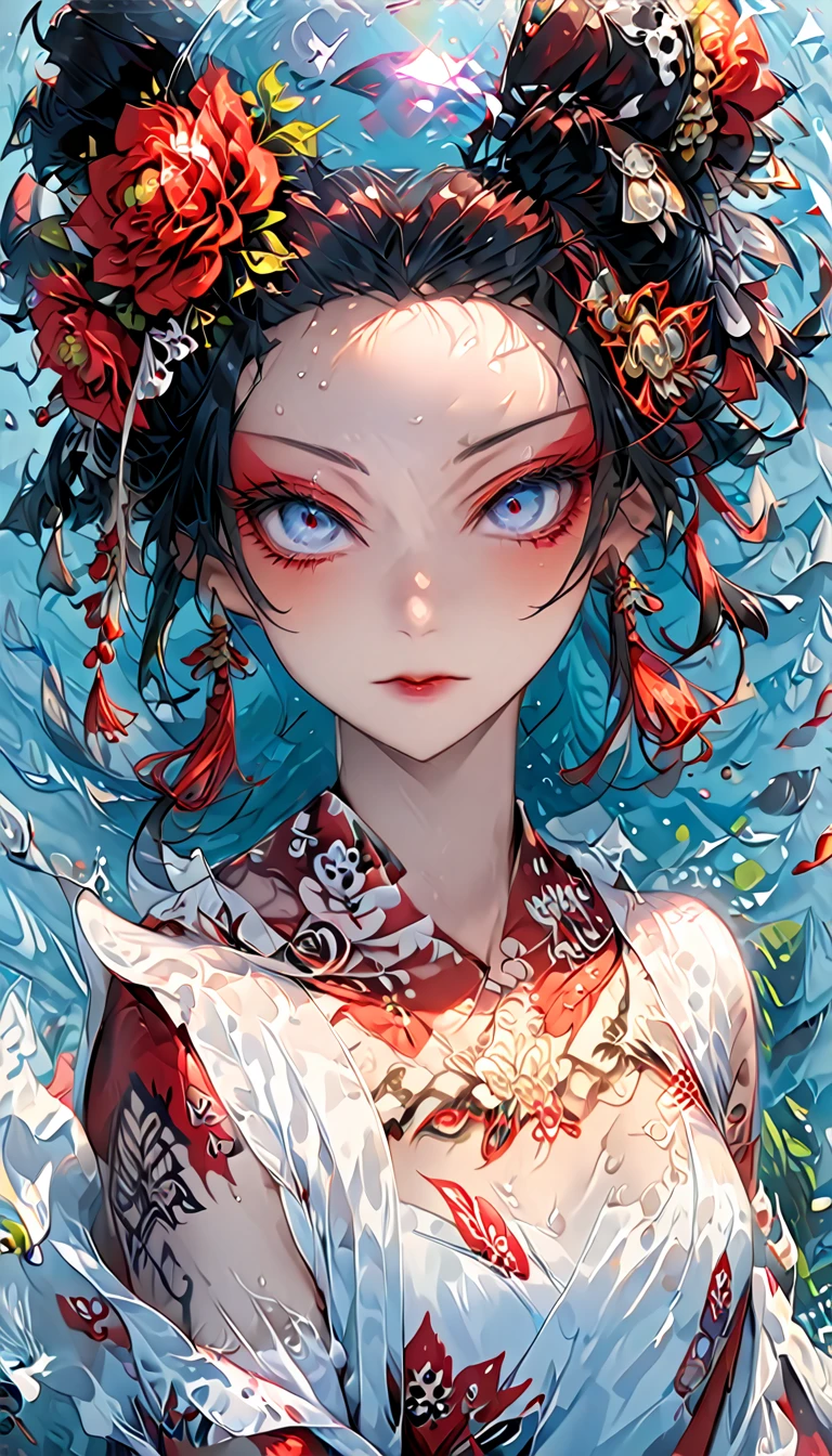 ,Ink painting, (((1 girl )), (((Tattoo in the middle of the forehead))), (((Oiran))), (((Great hair accessories))), Demon possession, , (((Masterpiece、Highest image quality、Highest quality、Extremely detailed unit 8kWall paper))), ((Illustration of one girl、Upper body covered))、(((beautiful girl))), girl swimming underwater, Very detailed presentation style, It shines, Red Rose, light blue, brushwork, Ultra Realistic Oil Painting, Bright eyes, Head up close, Exaggerated perspective, Tyndall effect, drop of water, rainbow pearl, 3d white, black background,