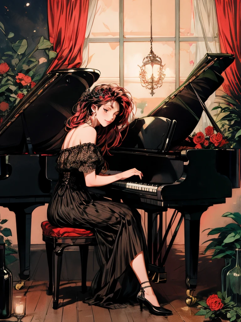 beautiful woman(((full body))), ((background house)), (best quality), black_hair, red_flower_hair_ornament, 1girl, solo A room with glass windows, curtains, eyes closed, sitting on a chair playing the piano at night. There are flowers, red flower pots, a table, a wine glass, a wine bottle, a lamp, and a black cat, darkness,