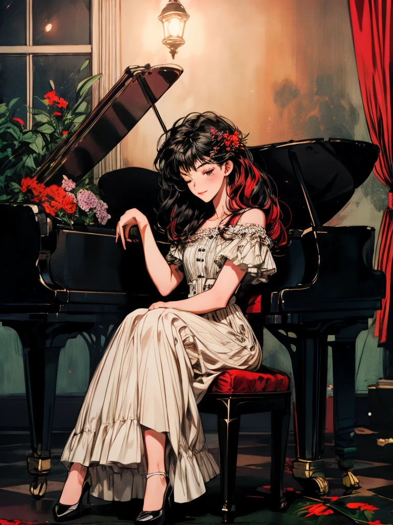 beautiful woman(((full body))), ((background house)), (best quality), black_hair, red_flower_hair_ornament, 1girl, solo A room with glass windows, curtains, eyes closed, sitting on a chair playing the piano at night. There are flowers, red flower pots, a table, a wine glass, a wine bottle, a lamp, and a black cat, darkness,
