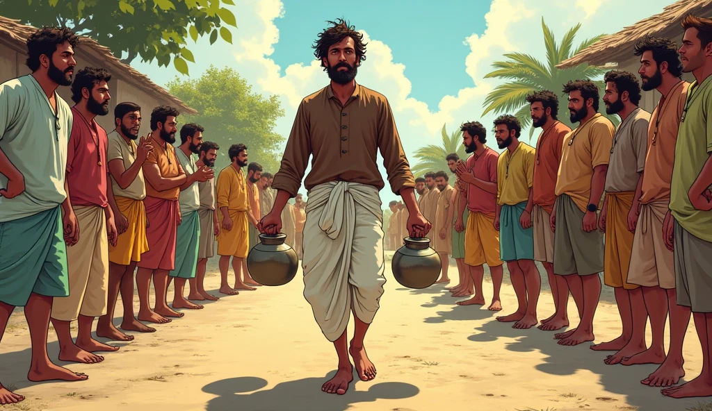 Villagers Mocking Dhruv
Description: A comic-style image of Dhruv walking through the village with his water pots, while a few villagers, dressed in simple village attire (loose shirts and lungis), are laughing at him. Dhruv remains focused on his task, wearing his usual white dhoti and brown kurta. The villagers are gesturing mockingly, indicating that they think his efforts are futile.